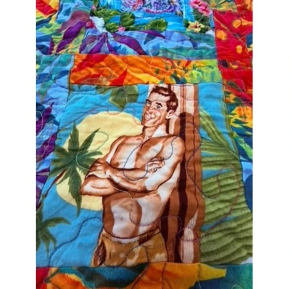 Hawaiian Tropical Hula Girl Surf Patchwork Quilt Multicolor 66x66 Square Bedding